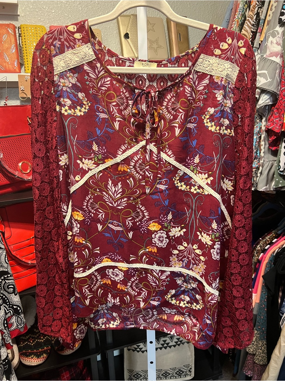 Kori Burgundy Floral Lace-Sleeve Tie-Neck Blouse